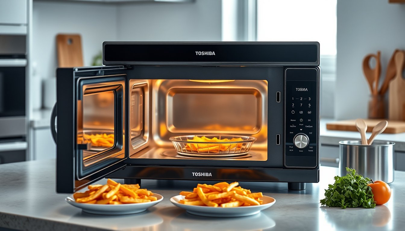 Toshiba-style air fryer microwave combo on a kitchen counter with crisp roasted food