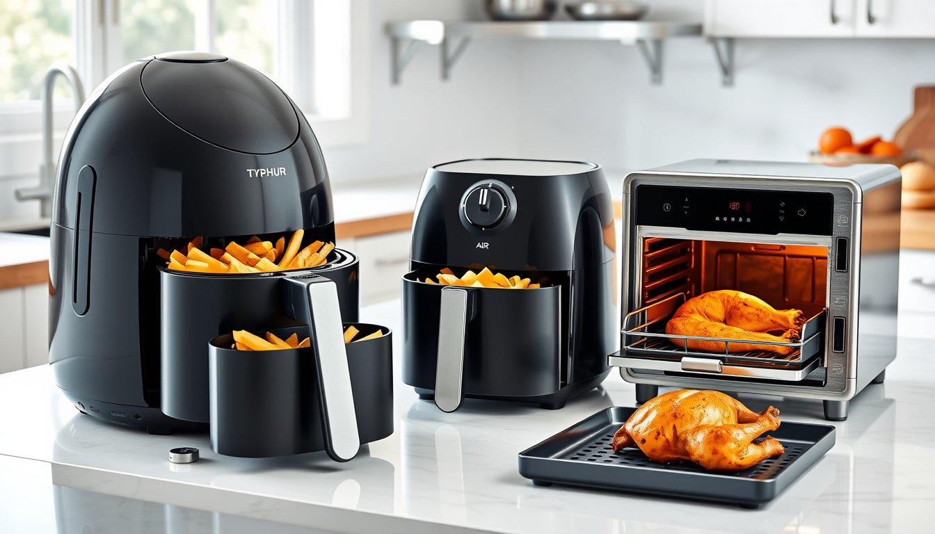 Three sleek air fryers on a modern kitchen counter with crispy foods, photographed in natural light