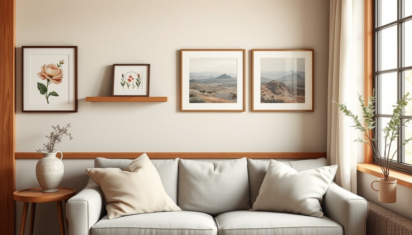Vintage wall art prints arranged as a cozy gallery wall in a softly lit living room