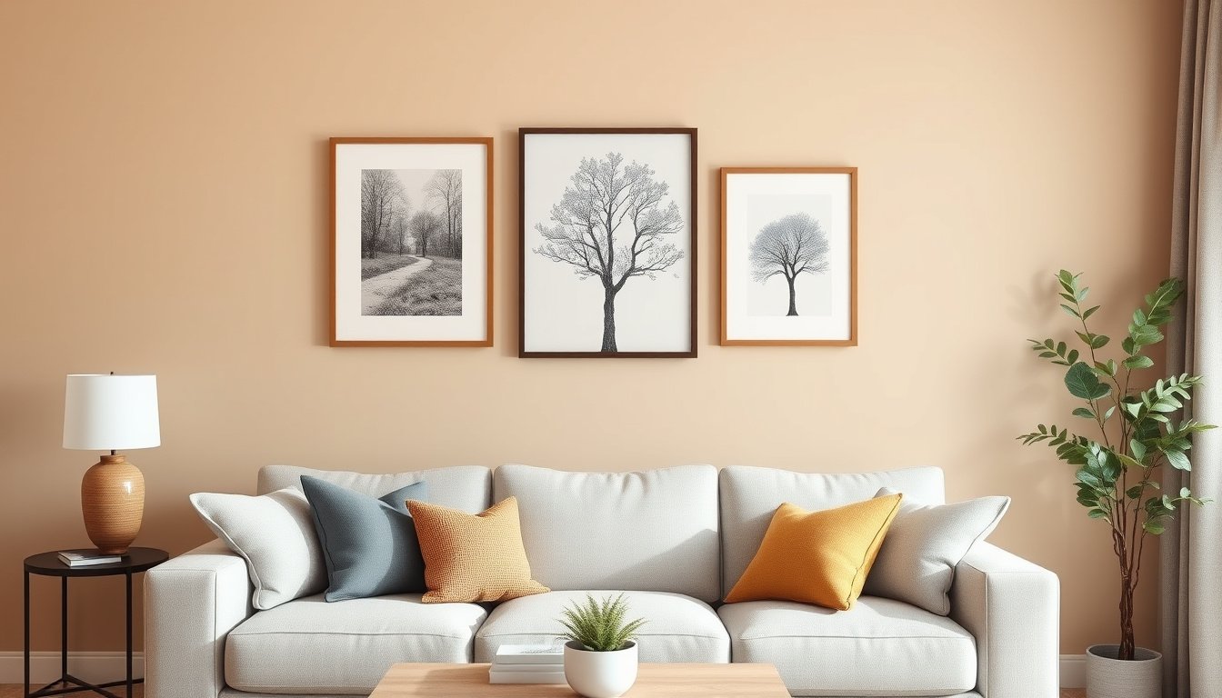 Cozy living room with coordinated framed botanical and blue tree wall art above a sofa