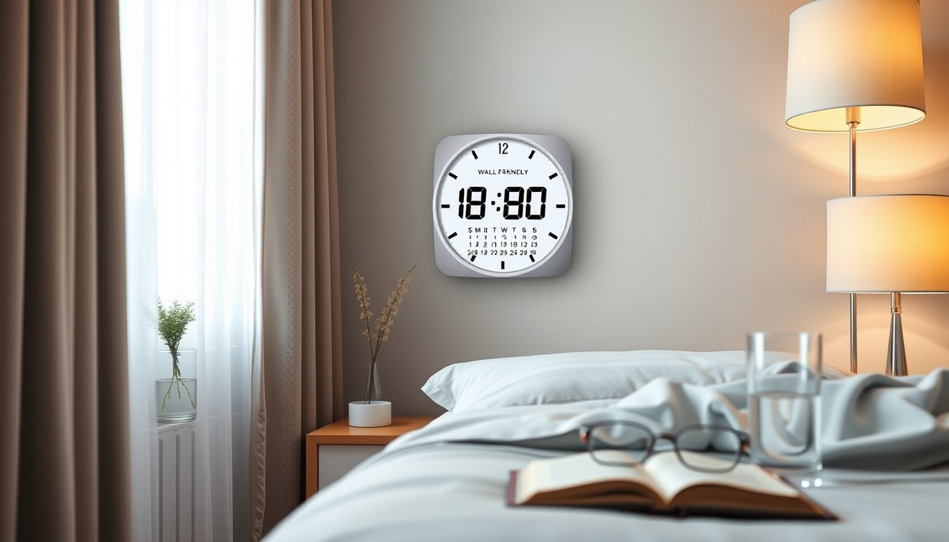 Senior-friendly wall clock above bedside medication items in a calm, well-lit bedroom