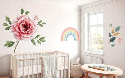 Nursery wall decorated with removable floral, rainbow and jungle wall decals
