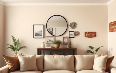 Stylish living room wall with mirror, framed art, starburst accents, and wallpaper