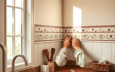 Hands installing a rustic wallpaper border in a cozy farmhouse kitchen
