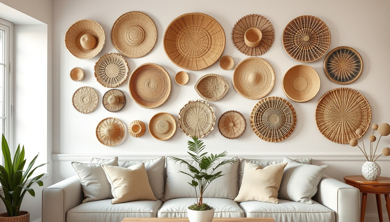 Woven wall baskets arranged as boho decor above a sofa in a warm living room