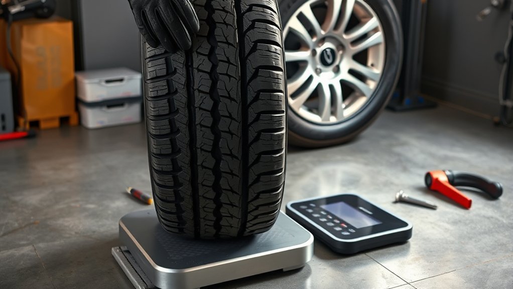 Checking SUV tire weight with a scale and tire specifications