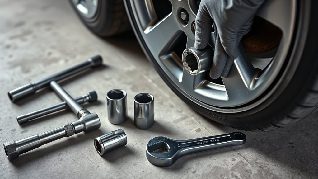 Breaker bar, 4-way lug wrench, and socket tools for loosening tire bolts