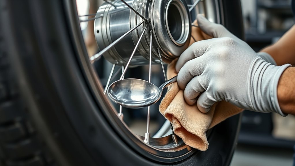 cleaning the rim bead seat before mounting a tire with tire spoons