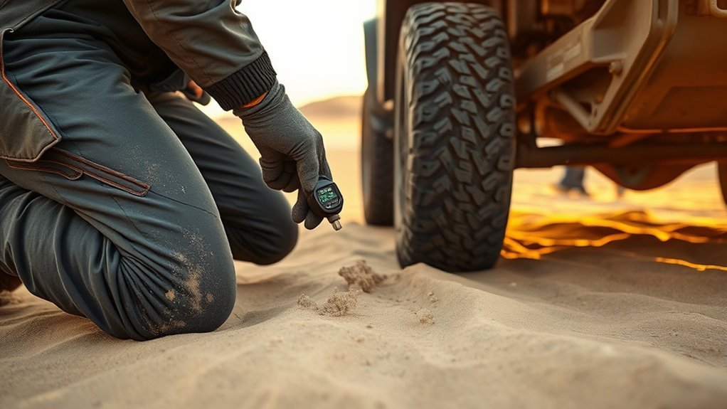 Off-road vehicle tire aired down for better traction on loose terrain