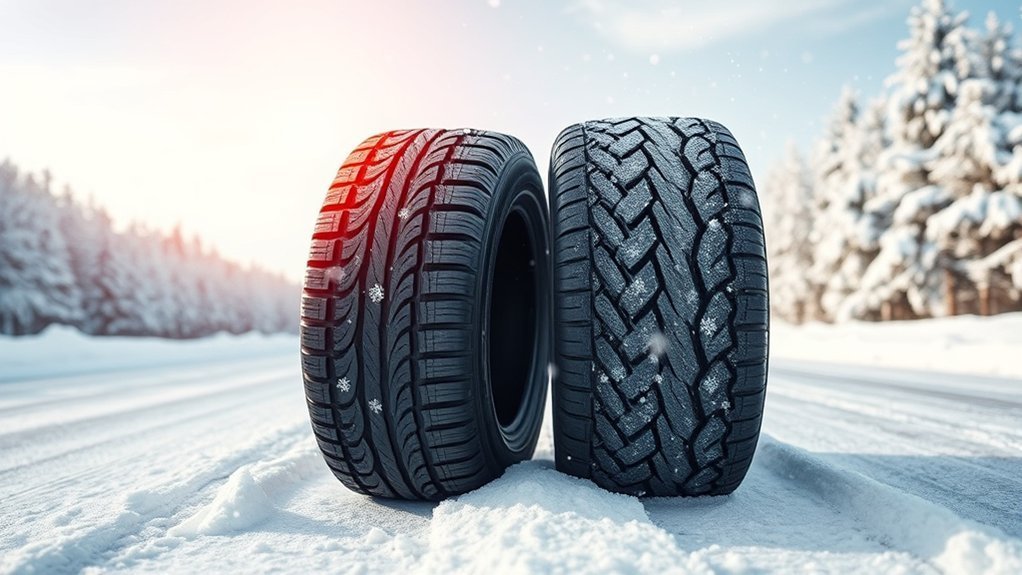 Vehicle driving on a snow-covered road with winter-rated tires