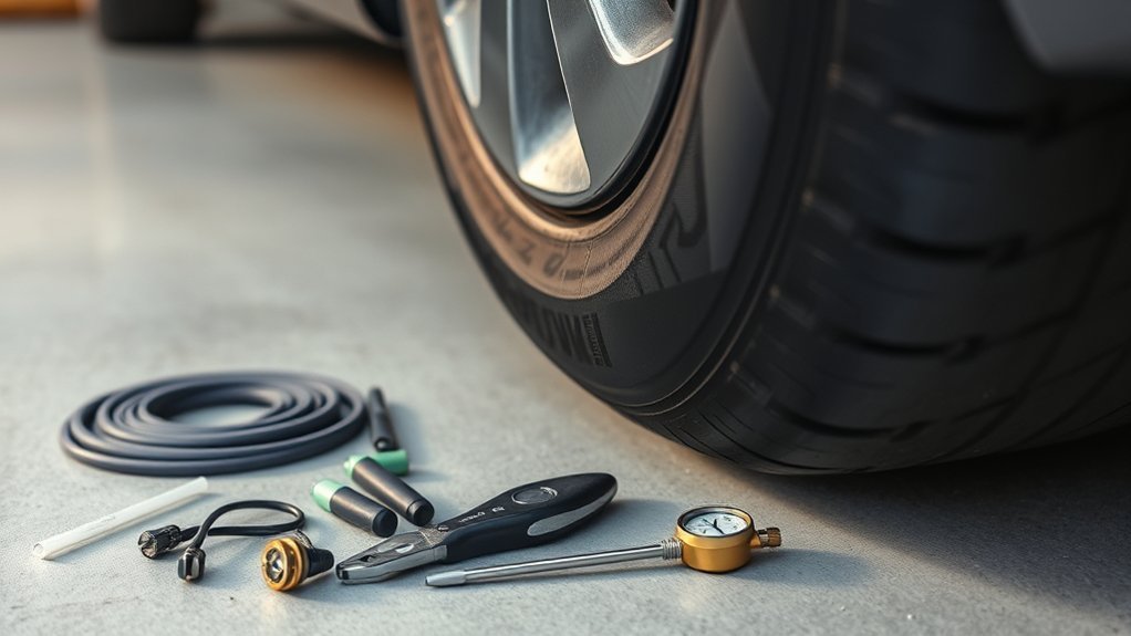 Tubeless bicycle tire plug kit, sealant, pump, pliers, and repair tools for puncture fixes