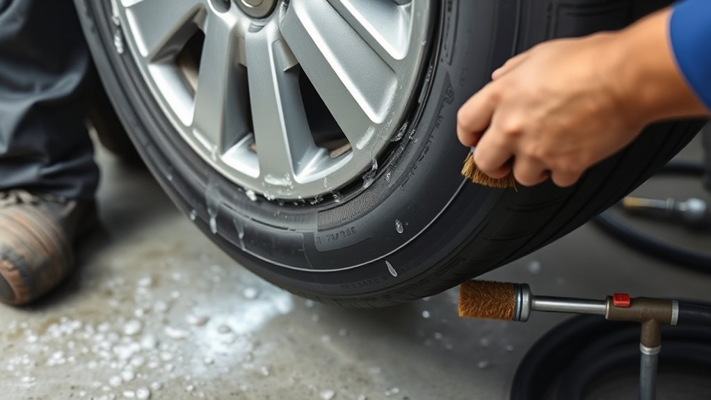 Soapy water bubbling around a tire bead leak