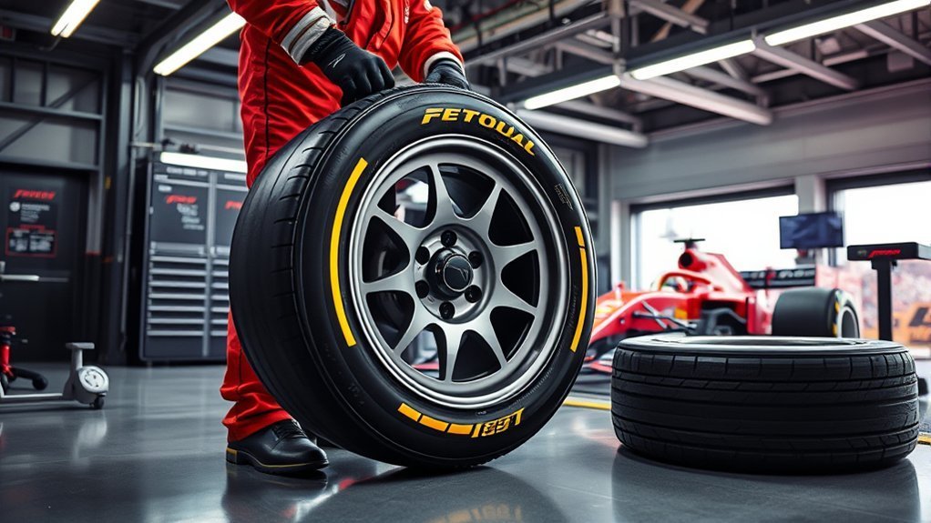 F1 mechanic handling a heavy wheel and tire package during a pit stop
