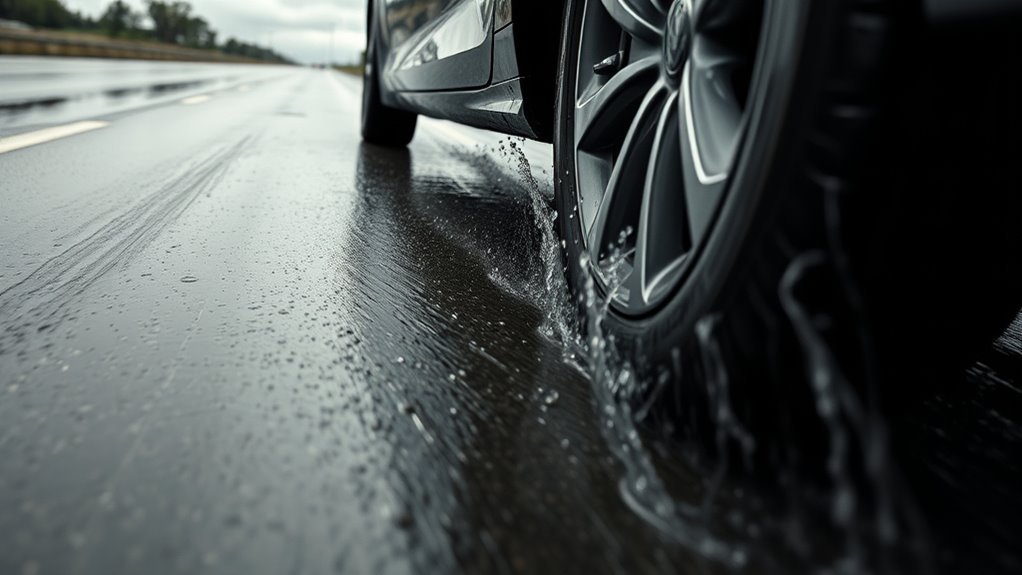 Car tire losing traction as hydroplaning risk increases with speed on a wet road