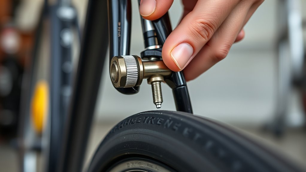 Cyclist attaching a floor pump with locking lever to a Presta valve stem on a road bike tire