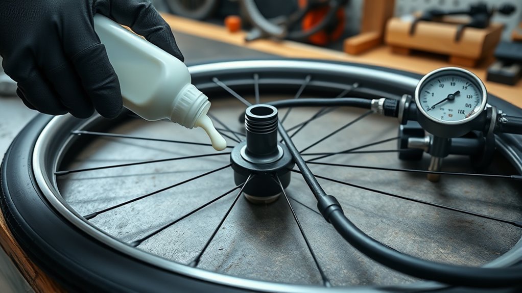 Inflating a tubeless bicycle tire and checking the bead and seal for air leaks