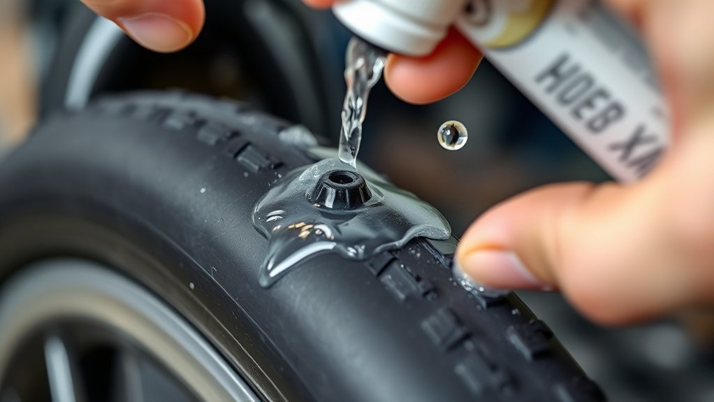 Inspecting a plugged tubeless bicycle tire puncture with soapy water to check for bubbles