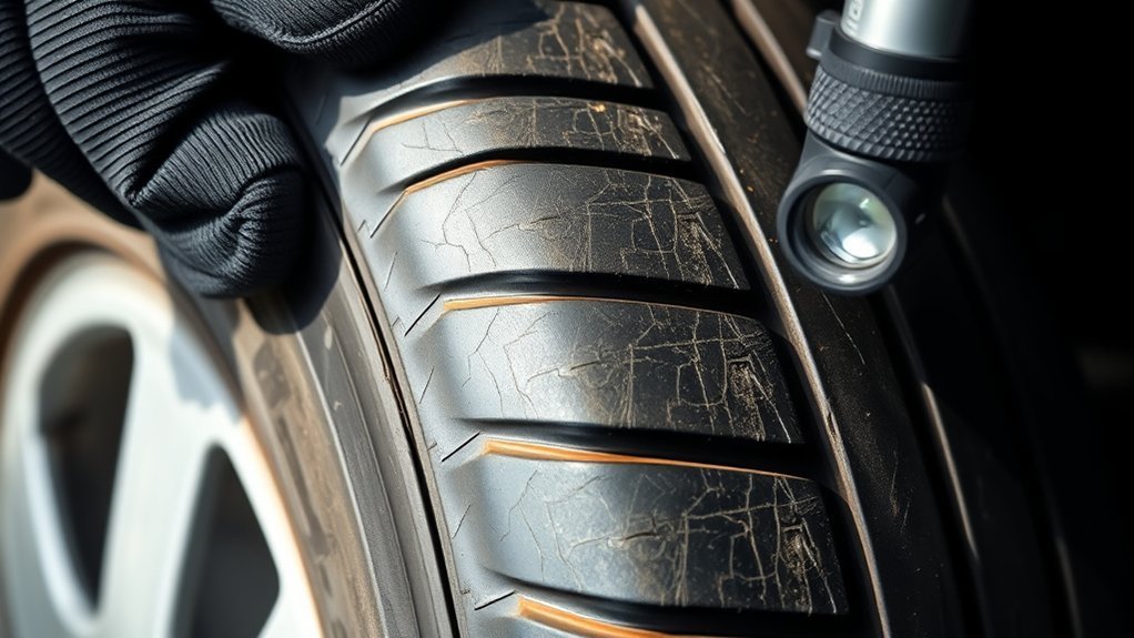 close-up inspection of tire sidewall cracks and dry rot
