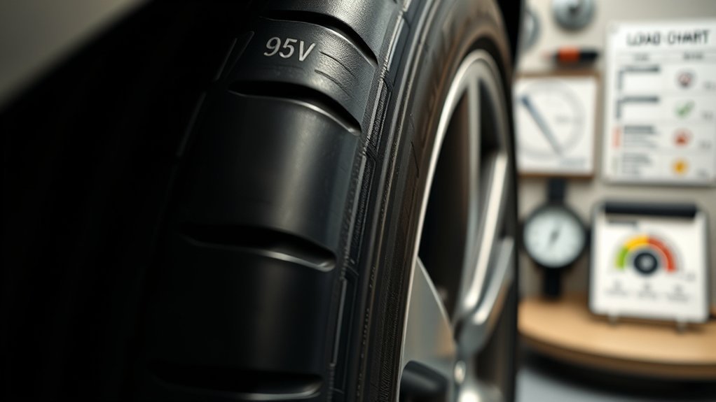 Tire sidewall showing load index and speed rating location