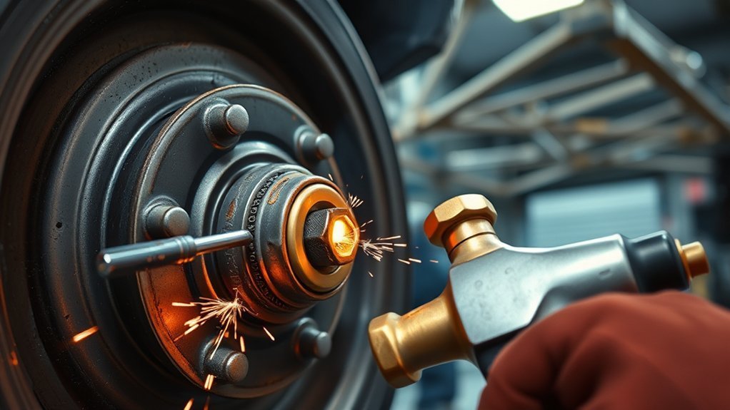 Mechanic loosening stubborn tire lug nuts with a wrench