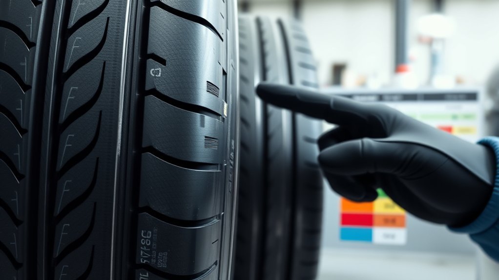Driver checking tire ratings before mixing tires on a vehicle