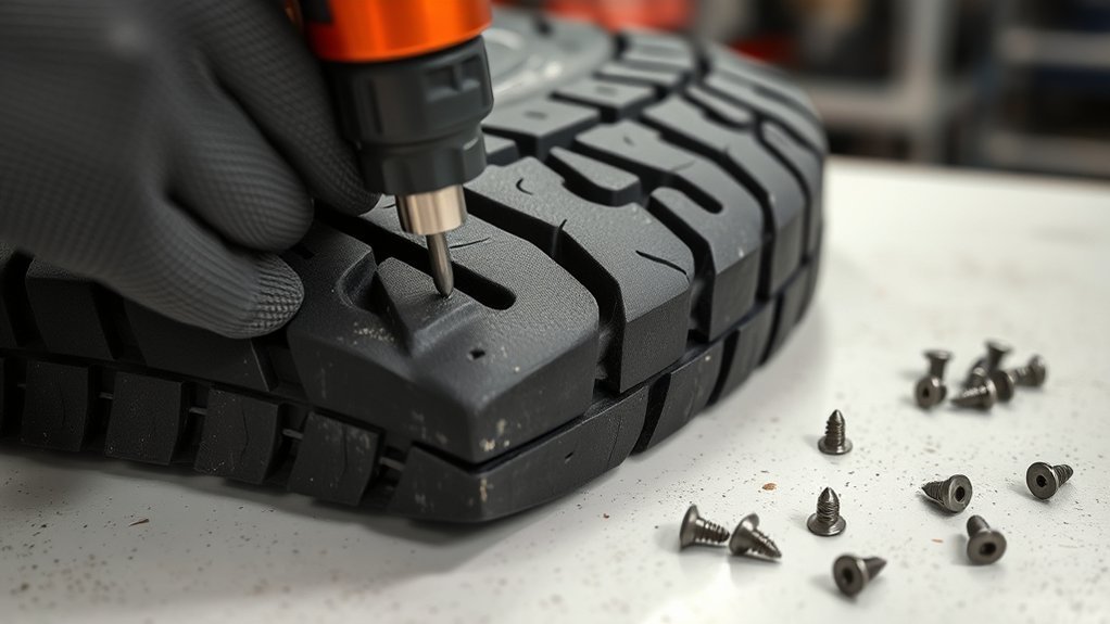 installing tire studs squarely into molded tread holes