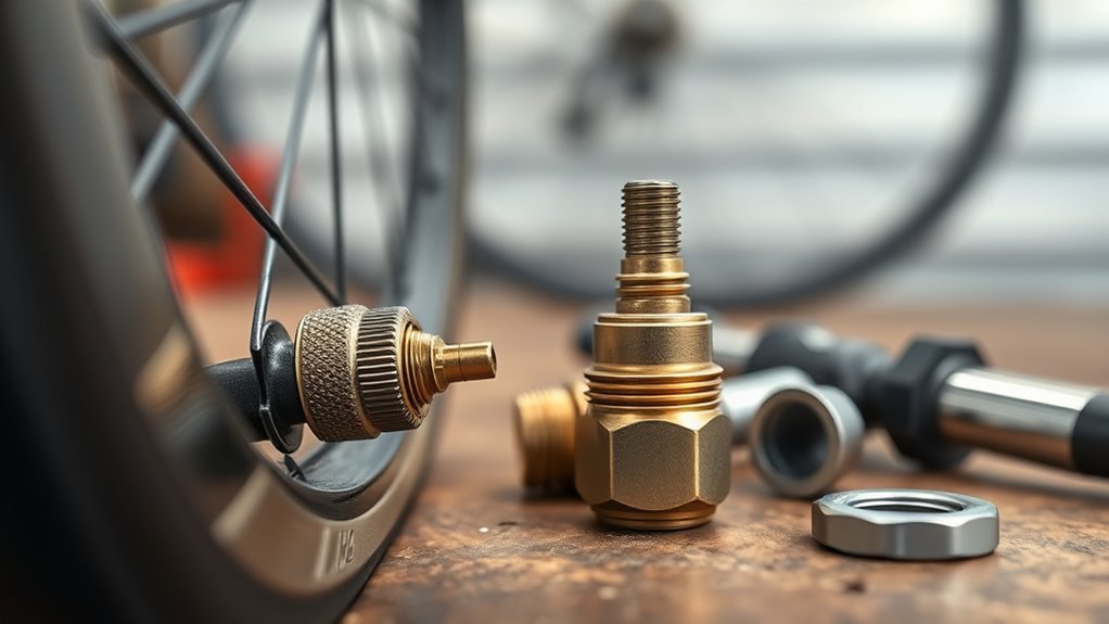 Presta-to-Schrader valve adapter screwed onto a Presta valve stem to allow inflation with a standard pump
