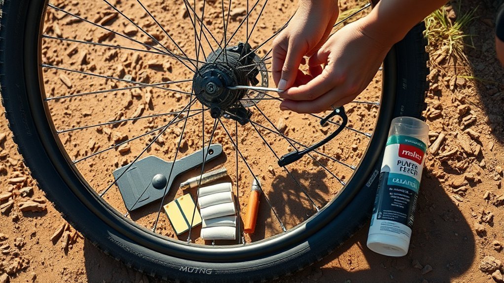 Cyclist using a plug tool for a quick tubeless bicycle tire repair
