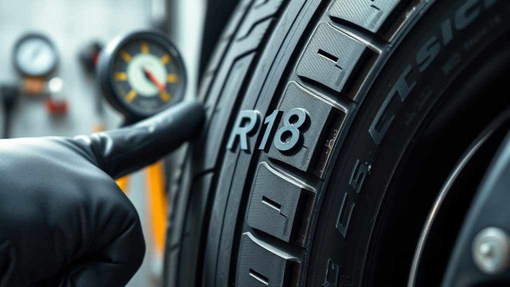 R18 tire marking showing radial construction and 18-inch wheel compatibility