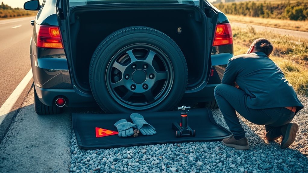 Spare tire maintenance checklist with jack, lug wrench, pressure gauge, and repair kit
