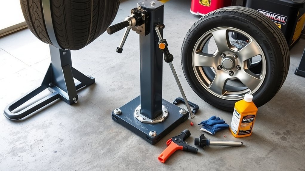 manual tire changer secured on a stable level surface before use