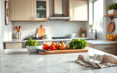 Modern kitchen countertop with fresh vegetables and cooking tools in natural light