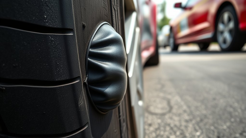 Close-up of a raised tire sidewall bubble showing serious internal tire damage