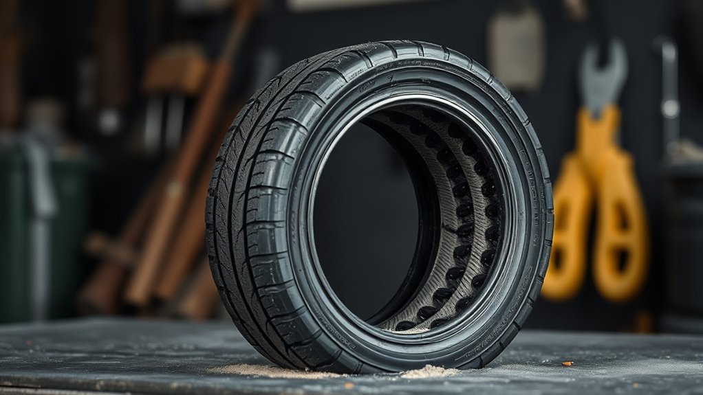 Close-up of a tire casing showing the reinforced structure beneath the tread
