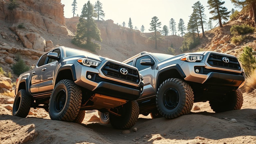 Narrow pizza cutter tire and wide off-road tire comparison for a Toyota Tacoma