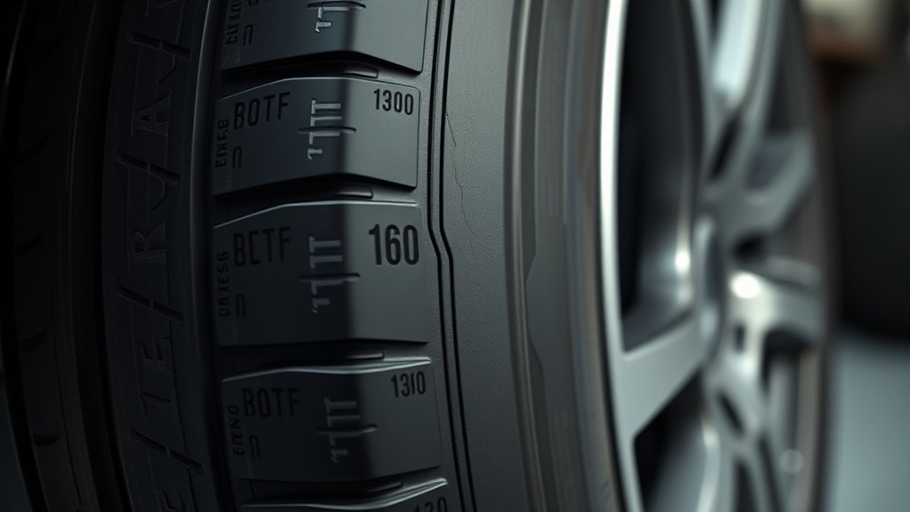 Tire sidewall specifications including load index, speed rating, tire size, and UTQG markings