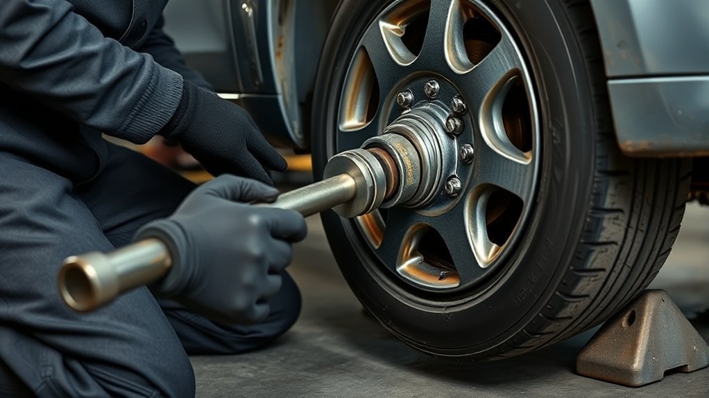Using a torque wrench to tighten tire lug nuts in a star pattern
